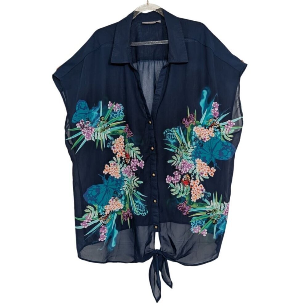 Ros & Ali Floral Sheer Blouse Womens Size 3X Blue Butterflies Short Sleeve